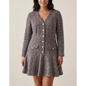 Taylor New York Tweed Dress‎ NEW Long Sleeve Fit & Flare Burgundy V-Neck Size 14